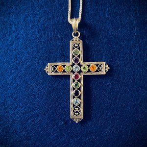 Nicky Butler Multi-gem, Sterling Silver Filigree Cross Pendant & SS Chain